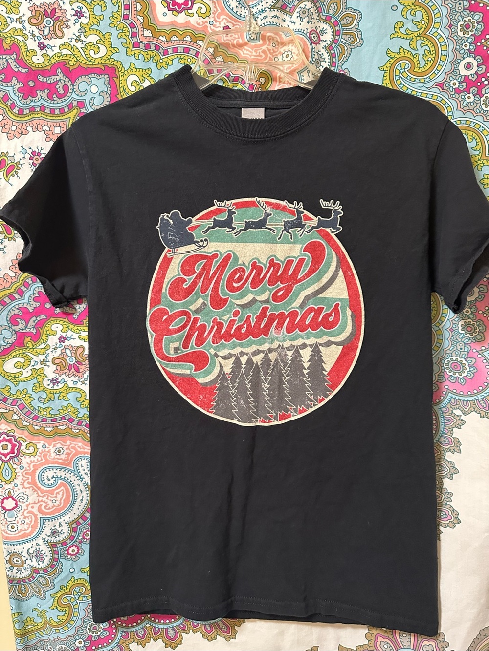 Gildan Black Tee with Red, Green and Cream Merry Christmas Graphic